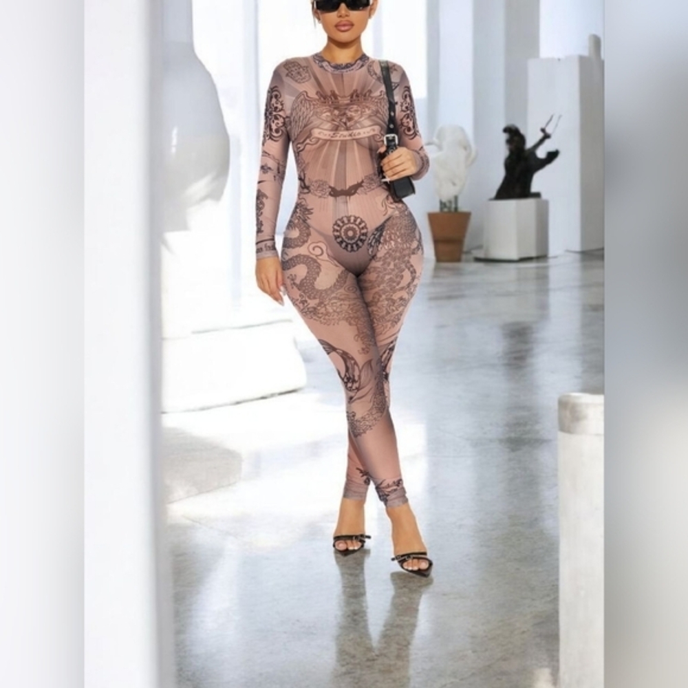 Fashion Nova Elegant Beige and Black Patterned Jumpsuit